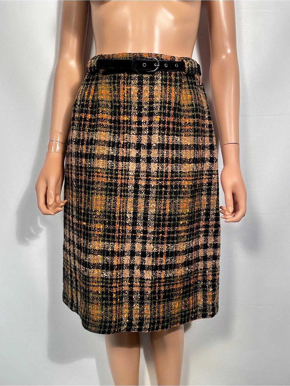 Vintage Mayfair Tweed Plaid Midi Skirt in Brown & Black